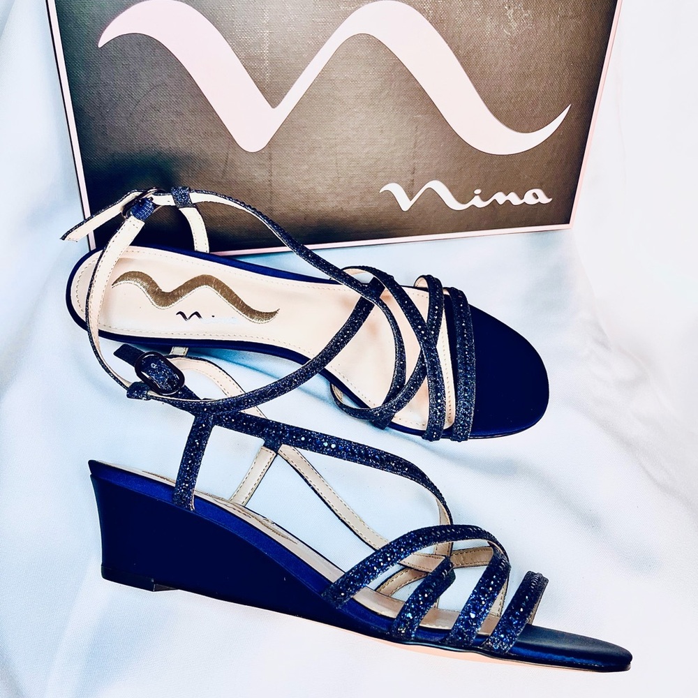 Nina shoes,  New navy blue glitter Febe wedge sandals, size 7,  satin & glitter